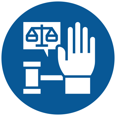 Sworn Testimony Icon -  Hand Raised, Gavel and Scales